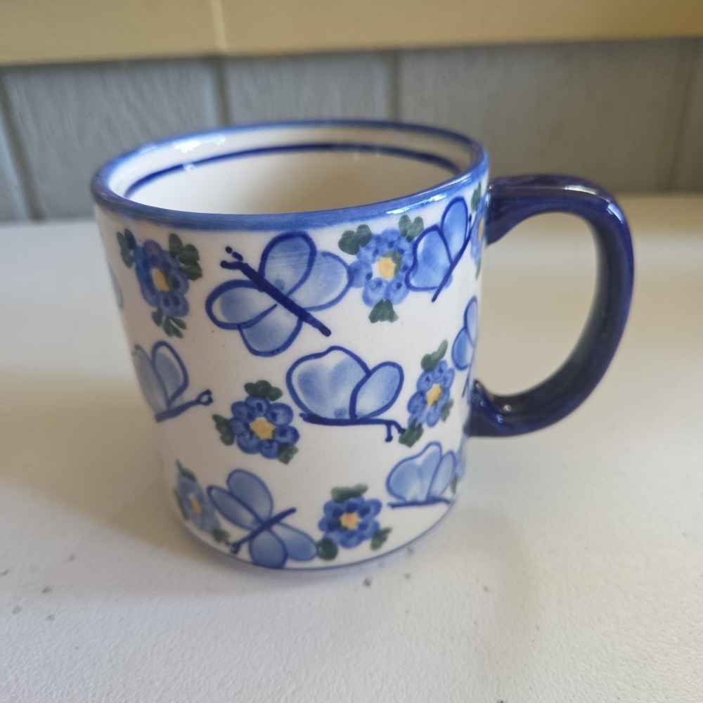 Unikat Polish Pottery Blue Floral Hand-Painted Boleslawiec Mug Artist Signed